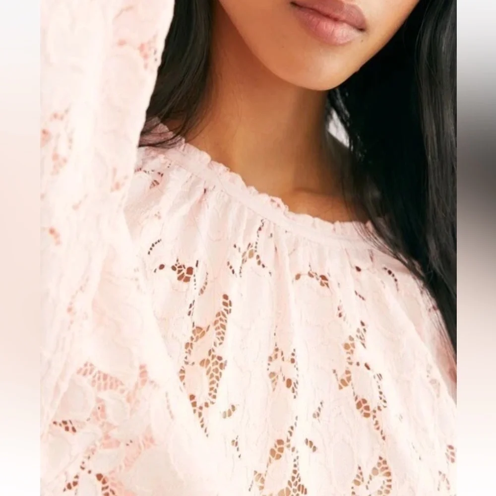 Free People Olivia Balloon Sleeve Lace Blouse Pink Medium NWT OB1037937